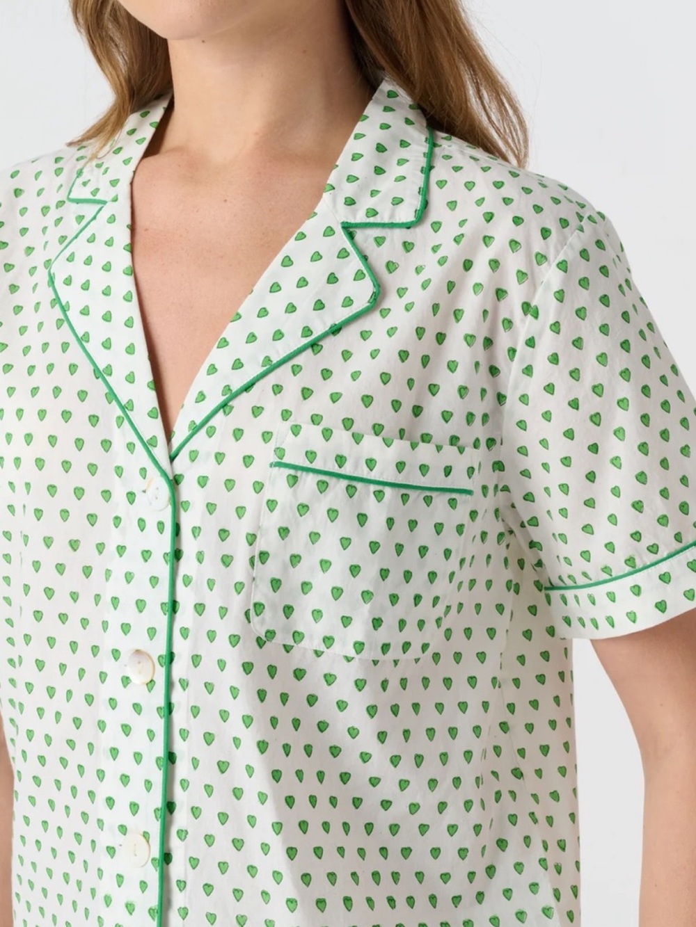 Women's Roller Rabbit Hearts Polo Pajamas- green hearts- Short Sleeve Pajama Set